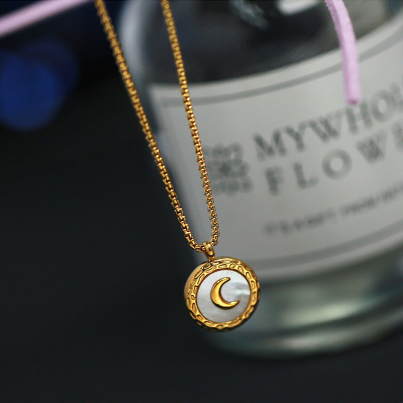 Titanium Steel No Fading White Shell Round Brand Moon Pendant