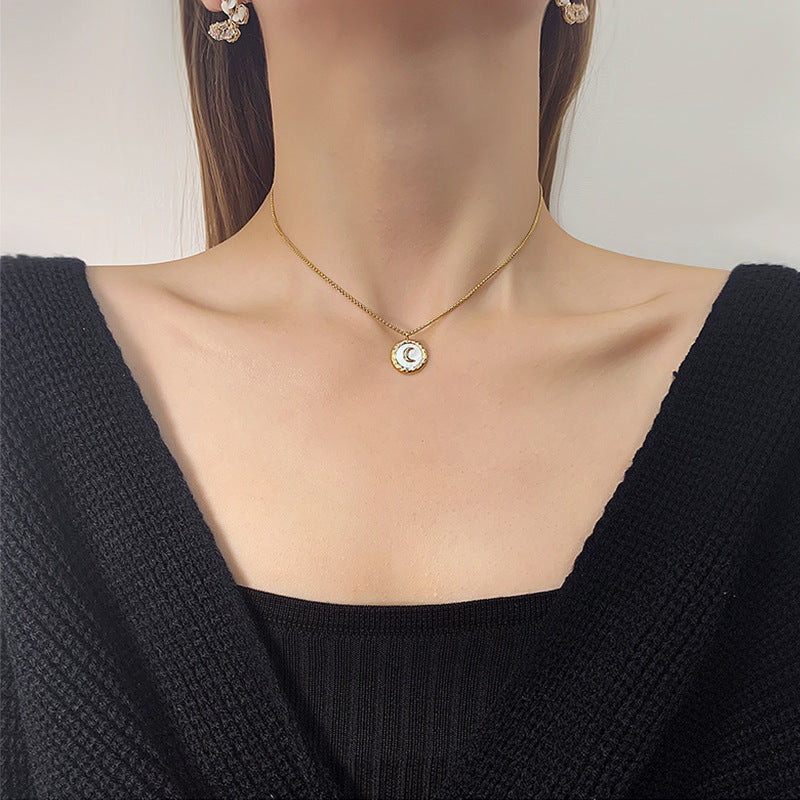 Titanium Steel No Fading White Shell Round Brand Moon Pendant